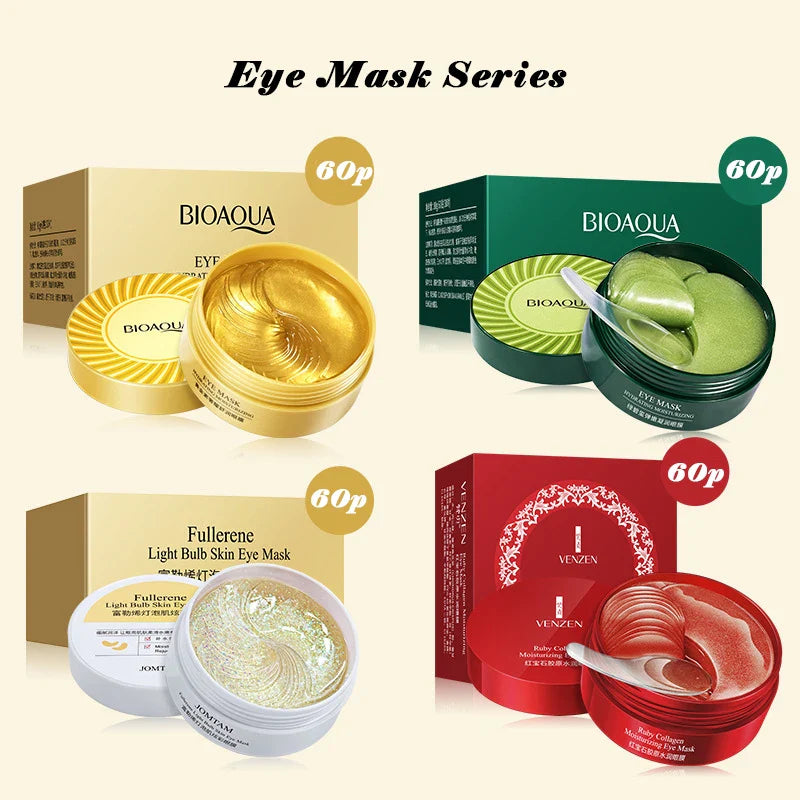 Maschere occhi Bioaqua e Venzen, confezioni da 60 pezzi. Include varianti oro, verde, fullerene e rosso. Cura occhi, idratazione, anti-età.