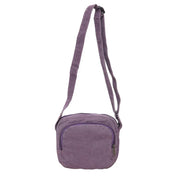 Borsa a tracolla viola in tessuto, design compatto, chiusura con zip, ideale per uso quotidiano. Accessorio moda donna, stile casual.