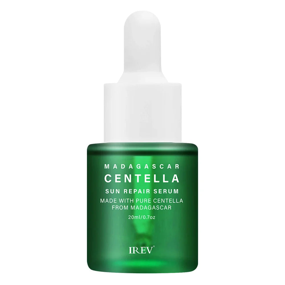 Siero viso Centella Madagascar, 20ml, riparatore solare, con Centella pura del Madagascar, flacone verde con contagocce, cura della pelle.