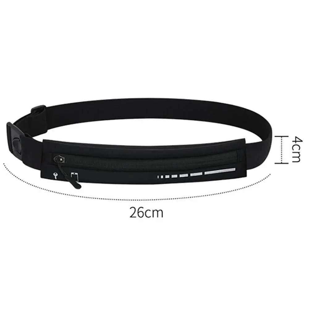 Cintura da corsa nera con tasca impermeabile, chiusura a zip, dimensioni 26x4 cm, ideale per sport e attività all'aperto.