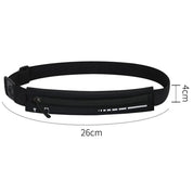 Cintura da corsa nera con tasca impermeabile, chiusura a zip, dimensioni 26x4 cm, ideale per sport e attività all'aperto.
