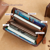 Portafoglio multifunzionale in pelle marrone con scomparti per carte, documenti, contanti, telefono e tasca con zip. Accessorio elegante e pratico.