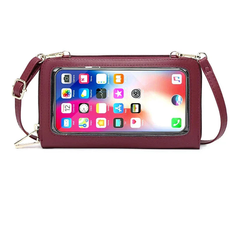 Borsa a tracolla in pelle rossa con finestra trasparente per smartphone, design elegante e pratico, accessorio moda donna, compatibile con iPhone.