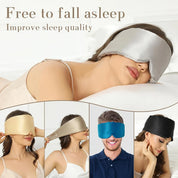 Donna che indossa maschera per dormire in seta, migliorando la qualità del sonno. Maschera notte morbida, confortevole, disponibile in vari colori.