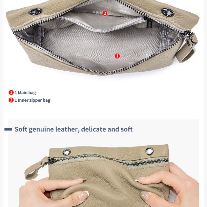 Borsa a tracolla in pelle beige, morbida e delicata, con scomparto principale e tasca interna con zip. Design elegante e funzionale.