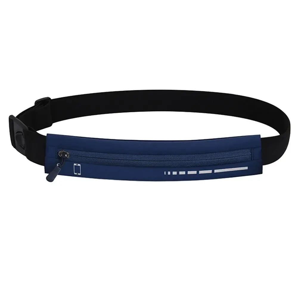 Cintura da corsa blu con tasca con zip, design sottile e regolabile, ideale per sport e attività all'aperto, compatibile con smartphone.