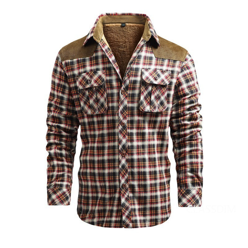 Camicia a quadri uomo invernale, foderata in pile, con tasche frontali e dettagli in velluto, stile casual, colori rosso e marrone.