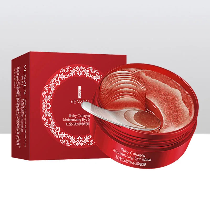 Maschera occhi idratante Venzen Ruby Collagen, confezione rossa elegante, trattamento antirughe, cura della pelle, 60 pezzi.