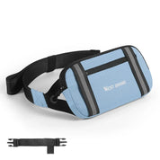 Marsupio sportivo blu con cerniere nere, cintura regolabile e logo "West Biking". Ideale per ciclismo, escursioni e attività all'aperto.