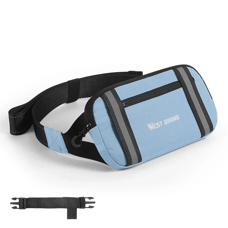 Marsupio sportivo blu con cerniere nere, cintura regolabile e logo "West Biking". Ideale per ciclismo, escursioni e attività all'aperto.