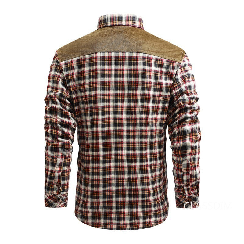 Camicia a quadri uomo, maniche lunghe, retro, tessuto misto cotone, dettagli marroni sulle spalle, stile casual, moda autunno inverno.
