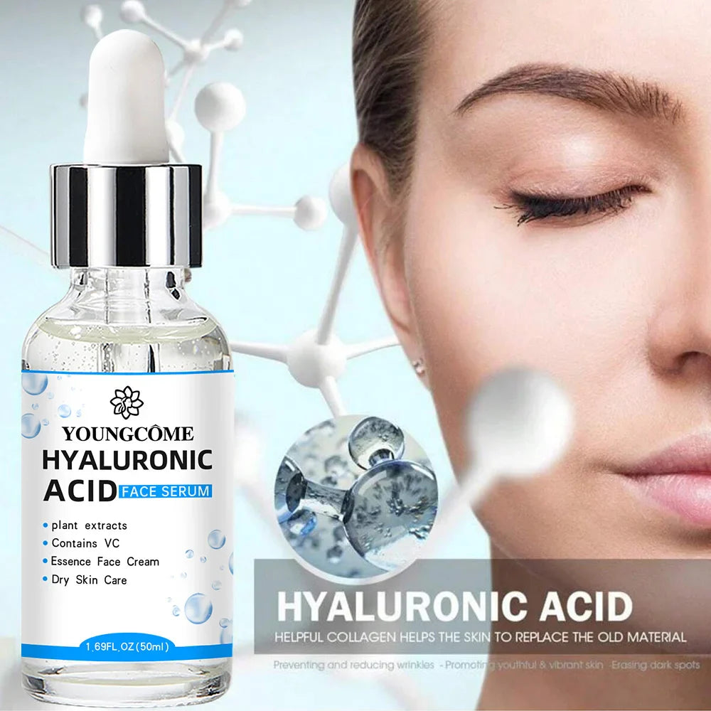 Siero viso acido ialuronico 50ml, idratante anti-età, con estratti vegetali e vitamina C, ideale per pelle secca e crema viso essenza.
