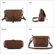 Borsa a tracolla in pelle marrone, vista frontale, laterale, inferiore e posteriore. Design elegante, chiusura a fibbia, tasca posteriore con zip.