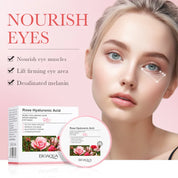Maschera occhi acido ialuronico Bioaqua, confezione e barattolo, donna con pelle luminosa, riduzione occhiaie, idratazione e rassodamento contorno occhi.