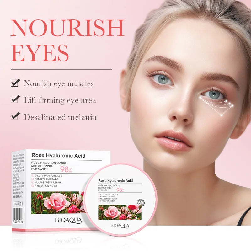 Maschera occhi acido ialuronico Bioaqua, confezione e barattolo, donna con pelle luminosa, riduzione occhiaie, idratazione e rassodamento contorno occhi.