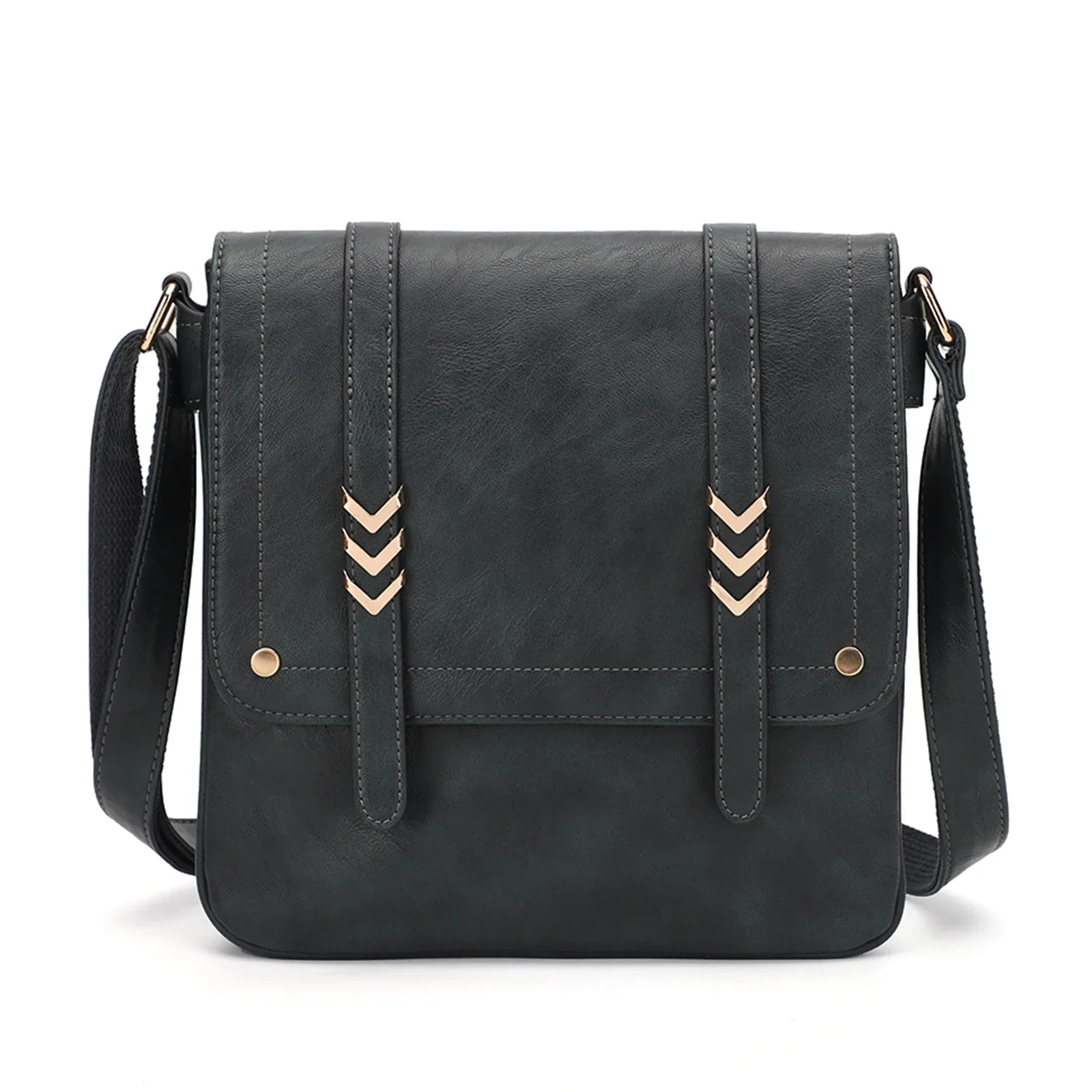 Borsa a tracolla in pelle nera, design elegante con dettagli metallici dorati, ideale per moda donna, accessorio versatile e chic.