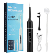 Spazzolino elettrico nero con accessori, confezione blu, 31000 vibrazioni/min, cura dentale, impermeabile, ricarica USB, pulizia denti efficace.