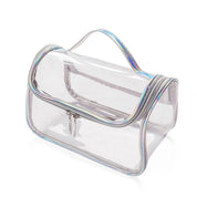 Borsa trasparente in PVC con cerniera, manico superiore, design iridescente. Ideale per viaggi, cosmetici, articoli da toeletta.