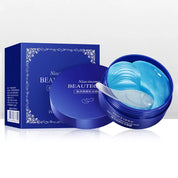 Scatola e confezione di patch occhi al niacinamide BEAUTEQ, colore blu, con cucchiaio applicatore. Cura della pelle, idratazione, anti-età.