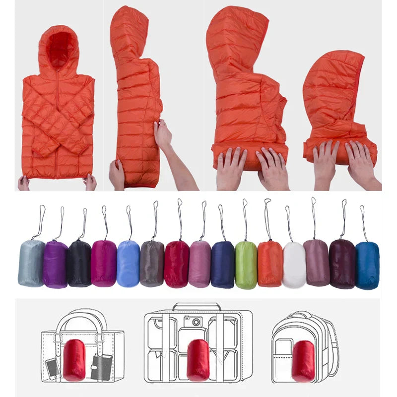 Giacca a vento arancione pieghevole, compatta e leggera, con custodia portatile. Disponibile in vari colori, ideale per viaggi e outdoor.