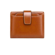 Portafoglio in pelle marrone con chiusura a bottone, design elegante e compatto, ideale per uomo e donna. Accessorio moda di alta qualità.