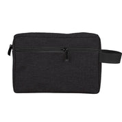 Borsa da toilette nera unisex, design minimalista, con cerniera frontale e manico laterale. Ideale per viaggi, resistente e spaziosa.