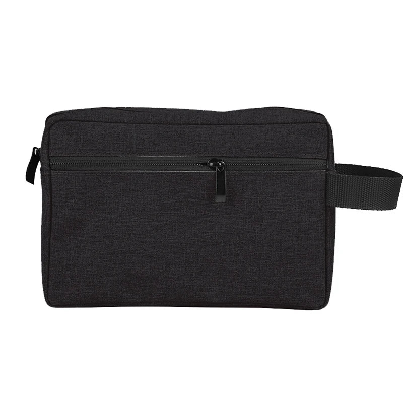 Borsa da toilette nera in tessuto impermeabile con cerniera frontale, manico laterale. Ideale per viaggi, organizzazione accessori bagno.