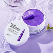 Maschera occhi idratante ai semi d'uva, crema viola in barattolo bianco, marchio Siayzu, cosmetico skincare, bellezza viso, idratazione intensa.