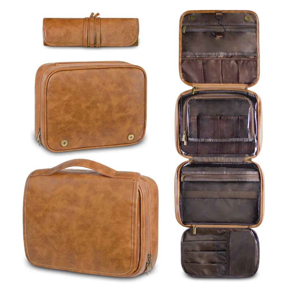 Set da viaggio in pelle marrone, include borsa da toilette con scomparti multipli e astuccio arrotolabile. Elegante e funzionale per organizzazione.