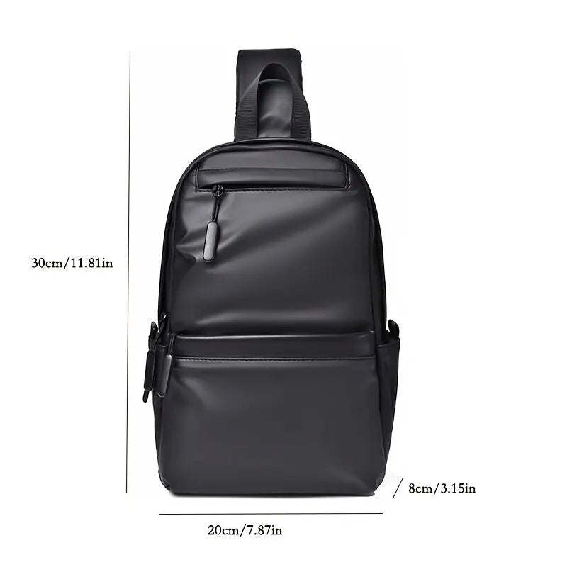 Zaino nero impermeabile in pelle PU, dimensioni 30x20x8 cm, con tasche multiple e cerniere, ideale per scuola e lavoro.