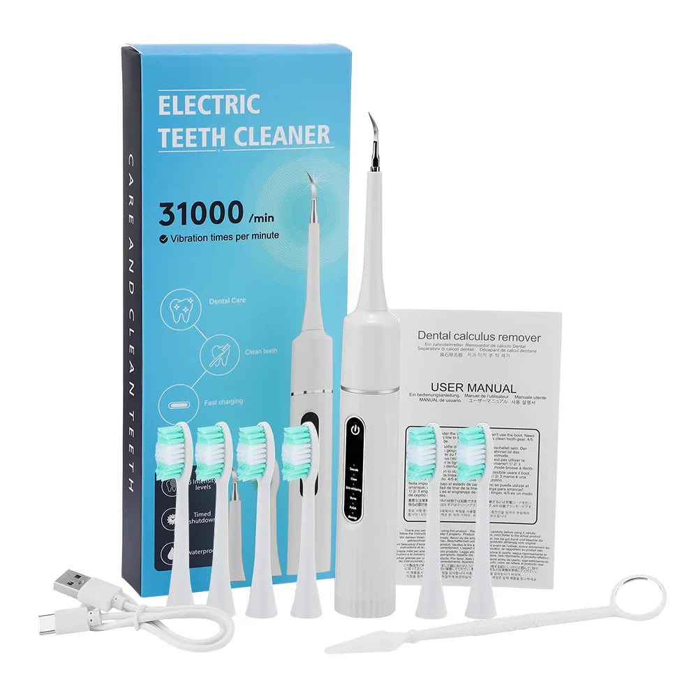 Spazzolino elettrico per pulizia dentale, 31000 vibrazioni/min, con 5 testine di ricambio, manuale d'uso, cavo USB, rimuovi tartaro incluso.