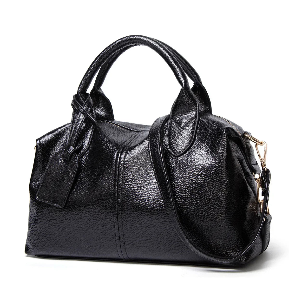 Borsa a mano in pelle nera lucida, design elegante con manici e tracolla regolabile, ideale per moda donna e accessori di lusso.