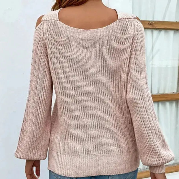 Maglione donna rosa chiaro, design a spalle scoperte, maniche lunghe, tessuto a maglia, stile casual, perfetto per l'autunno e l'inverno.