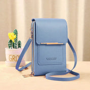 Borsa a tracolla in pelle blu con chiusura a zip, design compatto, ideale per smartphone. Accessorio moda elegante e pratico per donna.