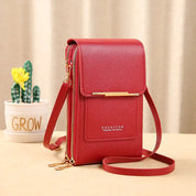 Borsa a tracolla rossa in pelle PU con cerniera dorata, design compatto, ideale per smartphone. Accessorio moda elegante e pratico.