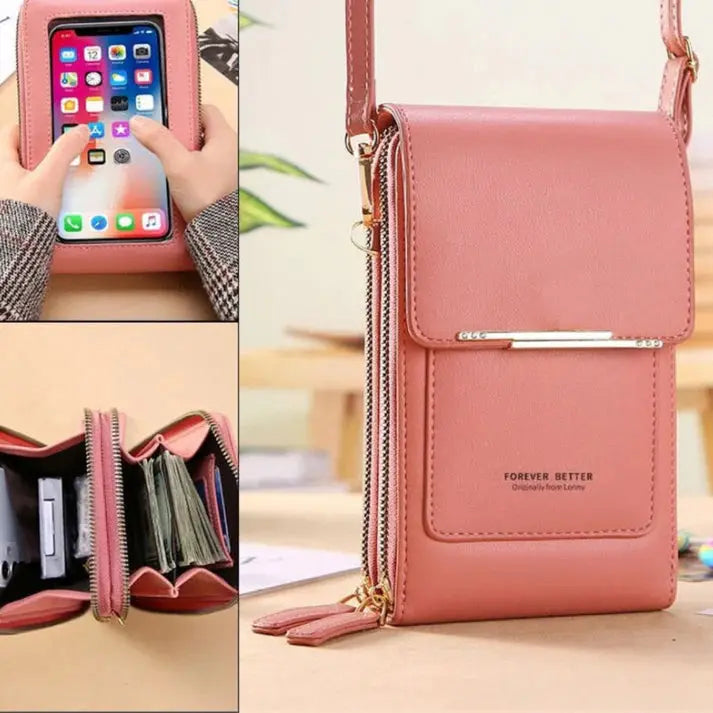 Borsa a tracolla rosa in pelle PU con portafoglio integrato, spazio per smartphone, carte e contanti. Design elegante e pratico per donne moderne.