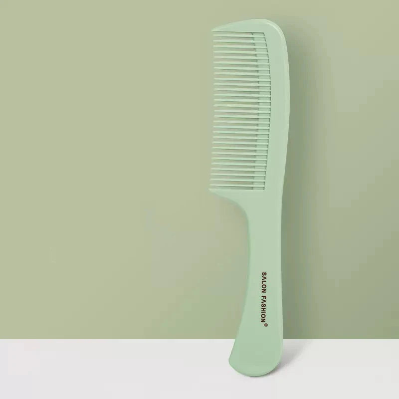Pettine verde in plastica, design ergonomico, marchio "Salon Fashion", ideale per capelli lisci e ricci. Accessorio per cura dei capelli.