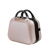 Valigia rigida rosa con manici neri, design compatto, ideale per viaggi, bagaglio a mano, resistente e elegante. Perfetta per donne e uomini.