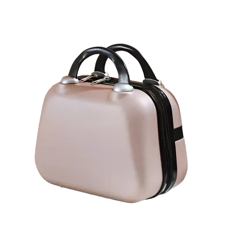 Valigia rigida rosa con manici neri, design compatto, ideale per viaggi, bagaglio a mano, resistente e elegante. Perfetta per donne e uomini.