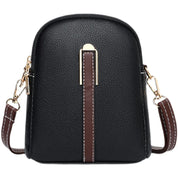 Borsa a tracolla in pelle nera con dettagli marroni e chiusura dorata, design elegante e compatto, ideale per moda femminile e accessori.