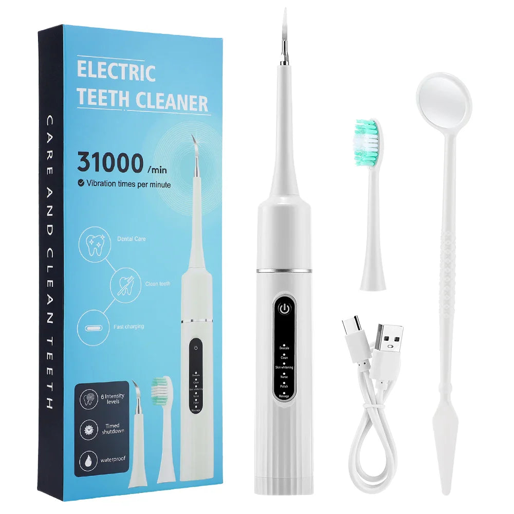 Spazzolino elettrico bianco con accessori, confezione blu, 31000 vibrazioni/minuto, pulizia dentale, USB, impermeabile, cura denti efficace.