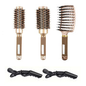 Set di spazzole per capelli professionali in ceramica dorata, include spazzole rotonde e a ventaglio, ideali per styling e asciugatura rapida.