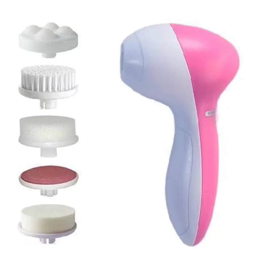 Dispositivo per pulizia viso rosa e bianco con cinque testine intercambiabili, esfoliante, massaggiante, per cura della pelle e bellezza quotidiana.