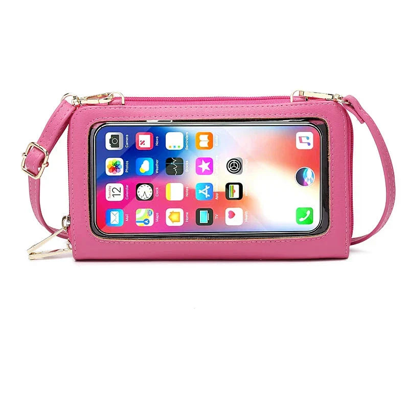 Borsa a tracolla rosa con finestra trasparente per smartphone, design compatto, elegante e funzionale, ideale per moda e praticità quotidiana.