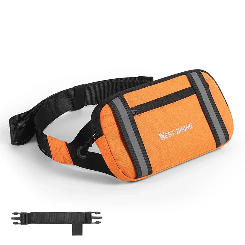 Marsupio sportivo arancione con cerniera, logo bianco, cintura regolabile nera. Ideale per corsa, escursioni, attività all'aperto. Accessorio unisex.