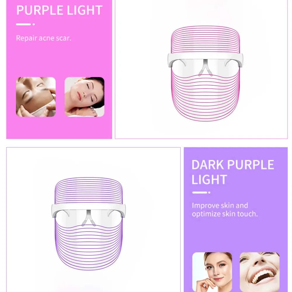 Maschera LED per terapia della luce, trattamento acne e cura della pelle, luce viola e viola scuro, miglioramento cicatrici e texture cutanea.