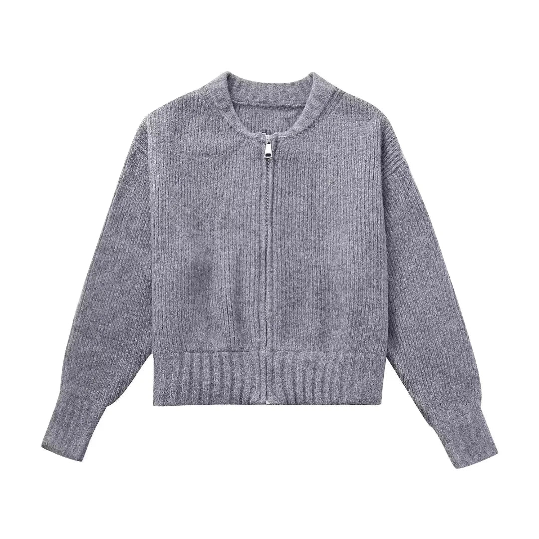 Giacca cardigan donna grigia in maglia, chiusura zip, maniche lunghe, stile casual, ideale per autunno inverno. Maglione moda femminile.