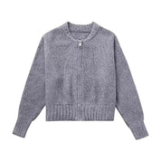 Giacca cardigan donna grigia in maglia, chiusura zip, maniche lunghe, stile casual, ideale per autunno inverno. Maglione moda femminile.