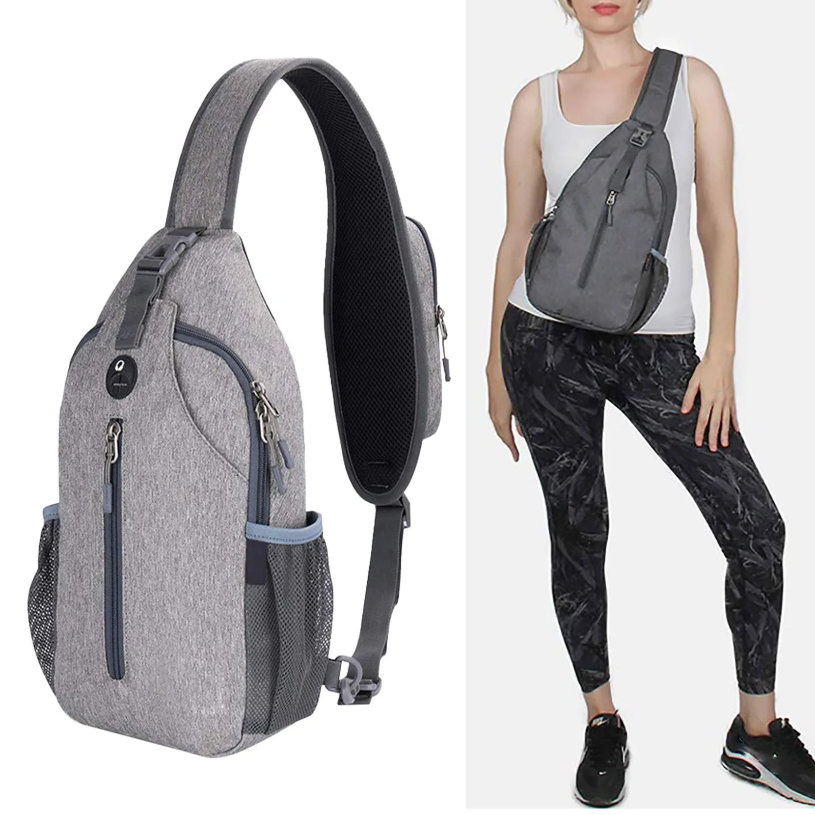 Zaino monospalla grigio unisex, design ergonomico, tasche multiple, indossato da donna in abbigliamento sportivo. Ideale per viaggi e attività all'aperto.