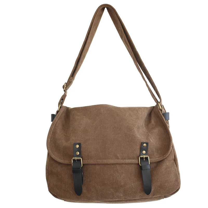 Borsa a tracolla in tela marrone con fibbie nere, design vintage, ideale per uomo e donna. Accessorio moda casual, resistente e spazioso.